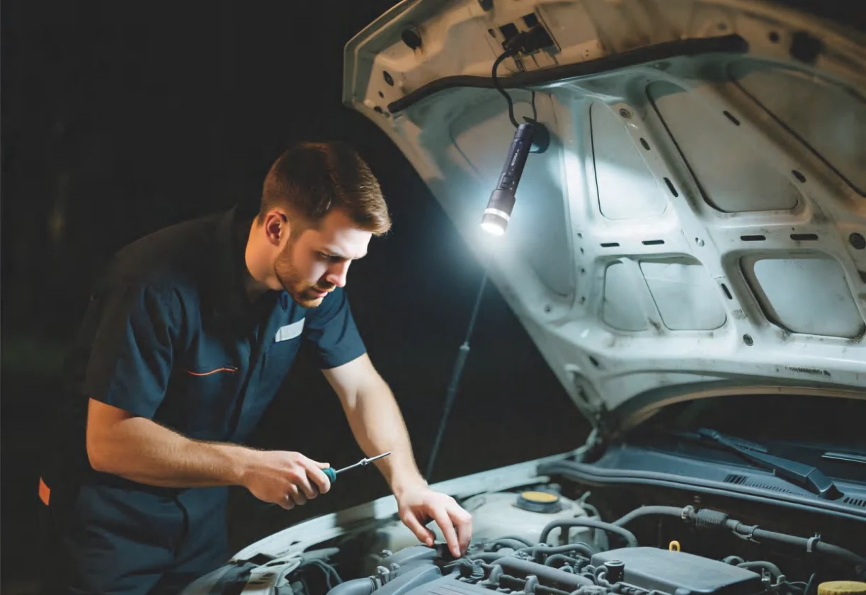 C61 magnetic flashlight illuminating a vehicle repair